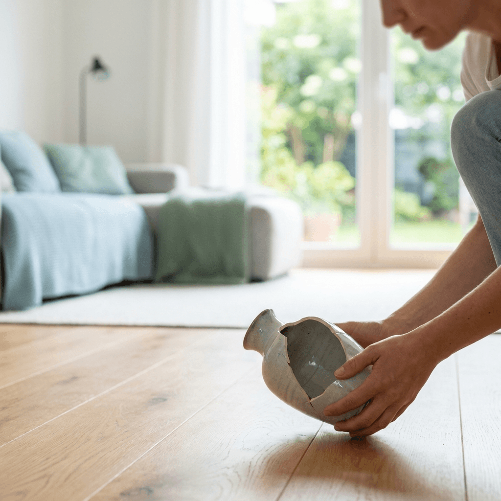 Zerbrochenes Glas neben einem Laptop als Symbol für einen Haftpflichtschaden