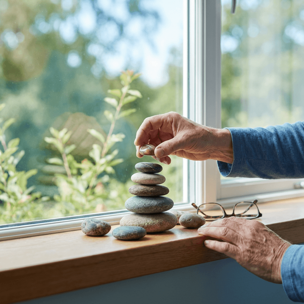 Älteres Paar schaut auf Unterlagen und einen Taschenrechner