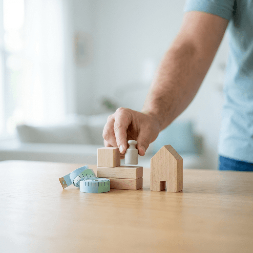 Junge Familie am Küchentisch mit Ordnern und Taschenrechner – Planung der finanziellen Absicherung